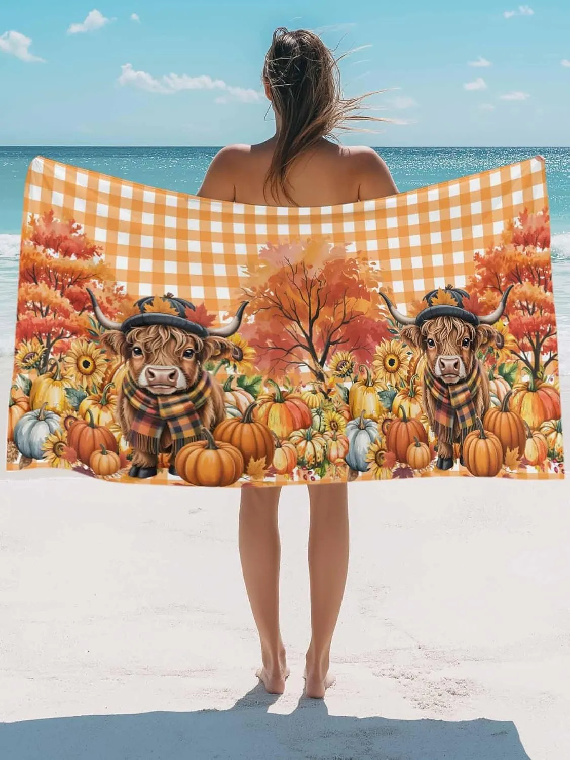 Scottish Highland Cow Beach Towels Microfiber Sand Free Quick Dry Travel Towels Soft Absorbent Lightweight Country Pumpkins Check Beach Towel for Men Women Swimming Pool,Vacation,35X71IN