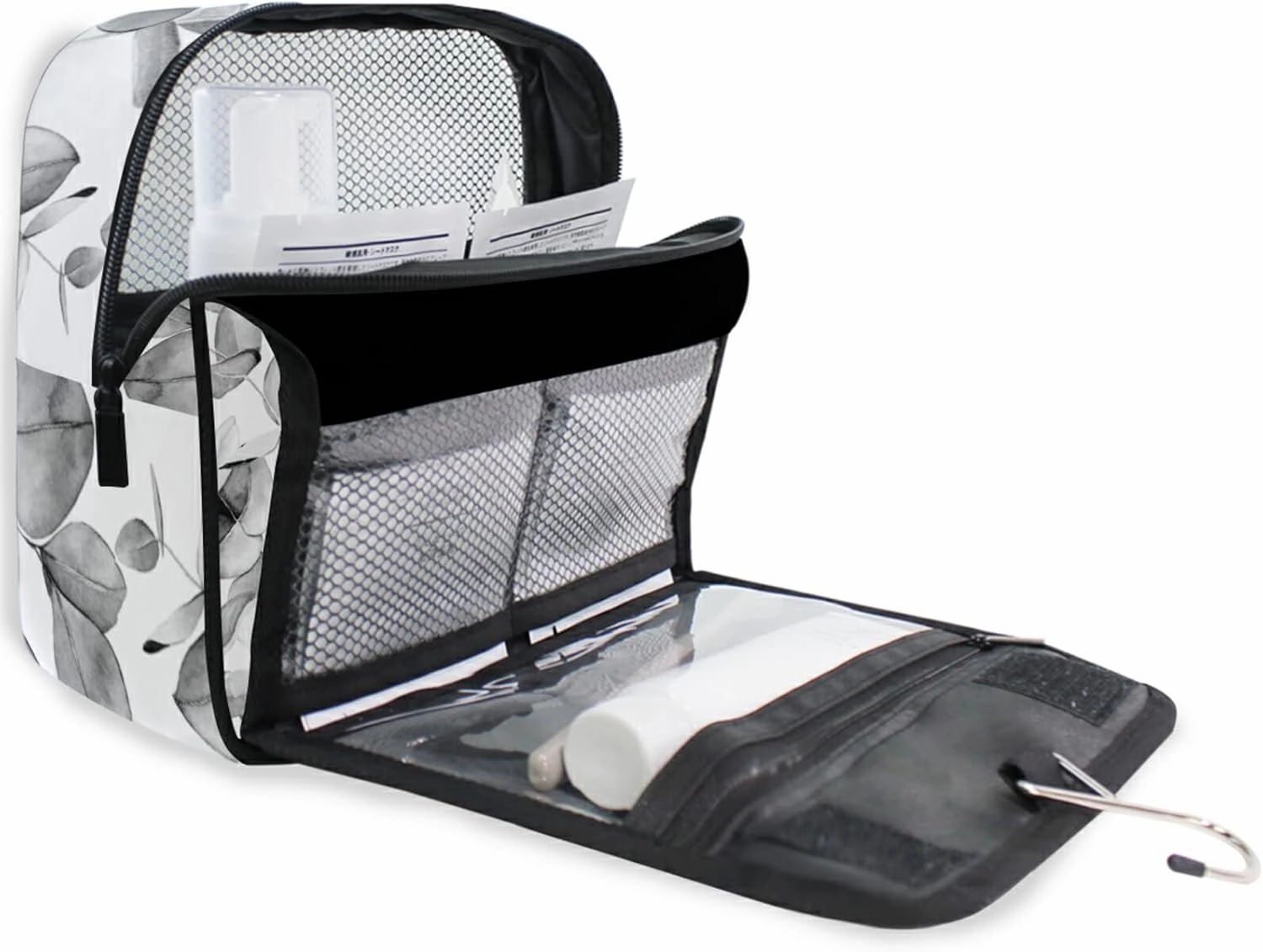 Seamless Branches with Grey Eucalyptus Leaves on White Hanging Wash Gargle Toiletry Bag Travel Cosmetic Makeup Case Organizer Storage Large Portable