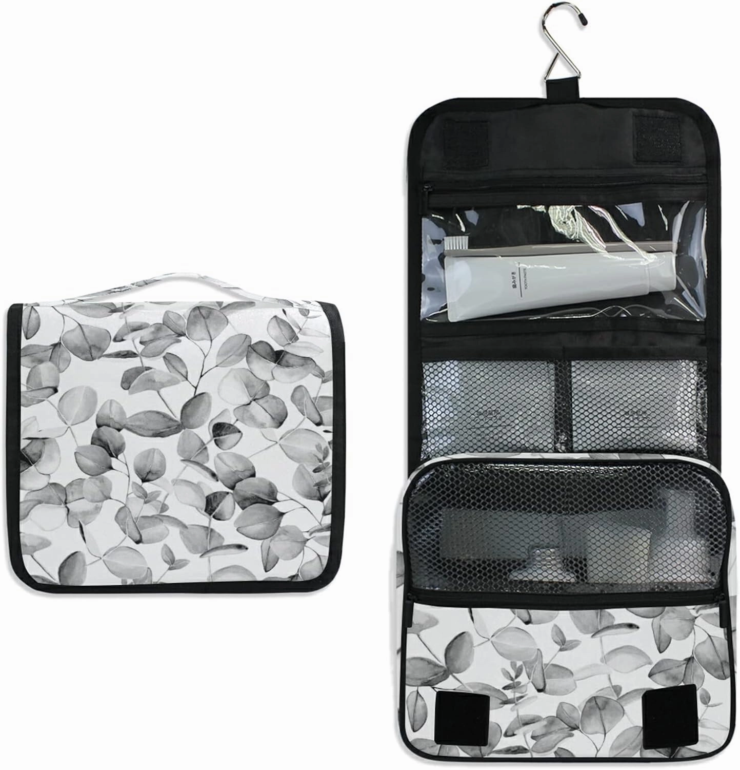 Seamless Branches with Grey Eucalyptus Leaves on White Hanging Wash Gargle Toiletry Bag Travel Cosmetic Makeup Case Organizer Storage Large Portable