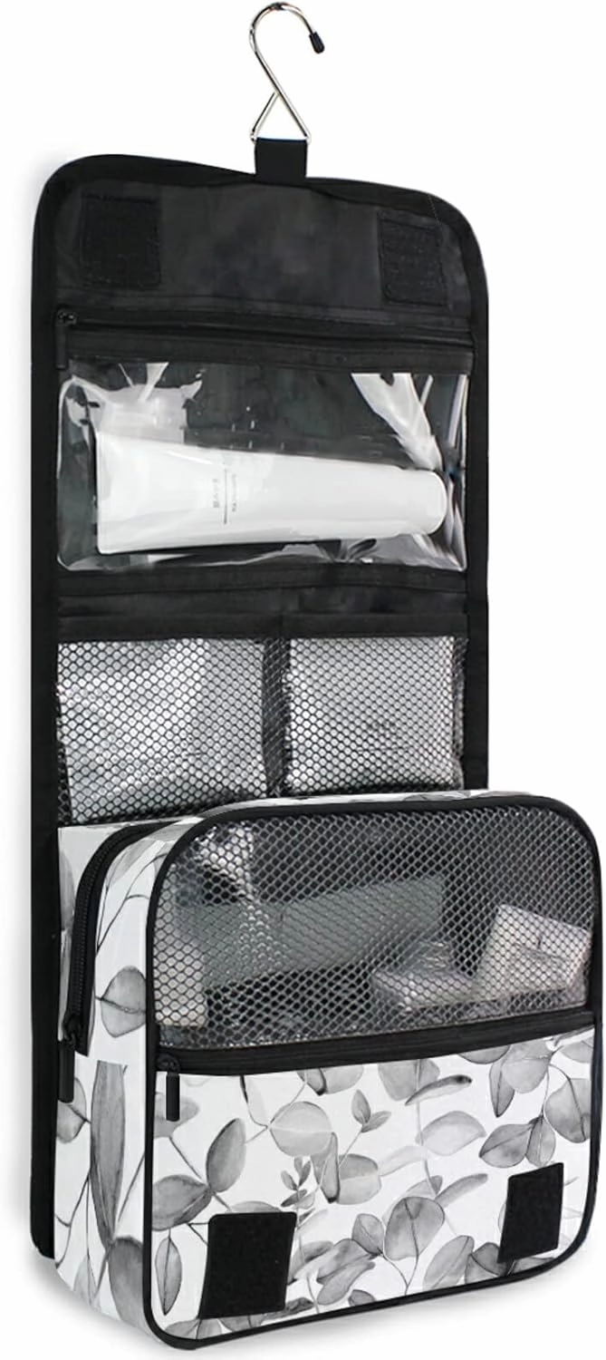 Seamless Branches with Grey Eucalyptus Leaves on White Hanging Wash Gargle Toiletry Bag Travel Cosmetic Makeup Case Organizer Storage Large Portable