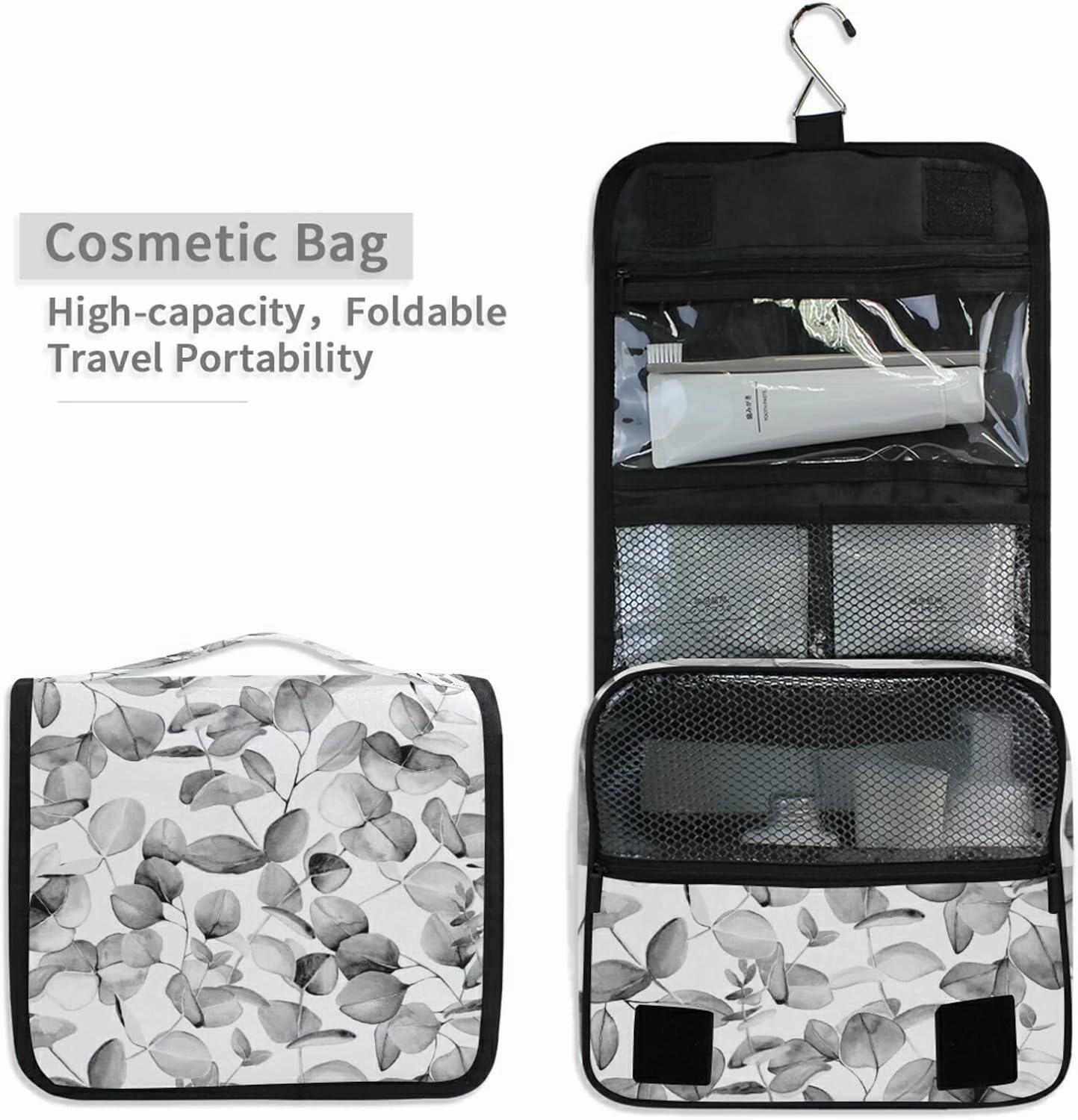 Seamless Branches with Grey Eucalyptus Leaves on White Hanging Wash Gargle Toiletry Bag Travel Cosmetic Makeup Case Organizer Storage Large Portable