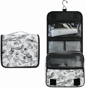 Seamless Branches with Grey Eucalyptus Leaves on White Hanging Wash Gargle Toiletry Bag Travel Cosmetic Makeup Case Organizer Storage Large Portable