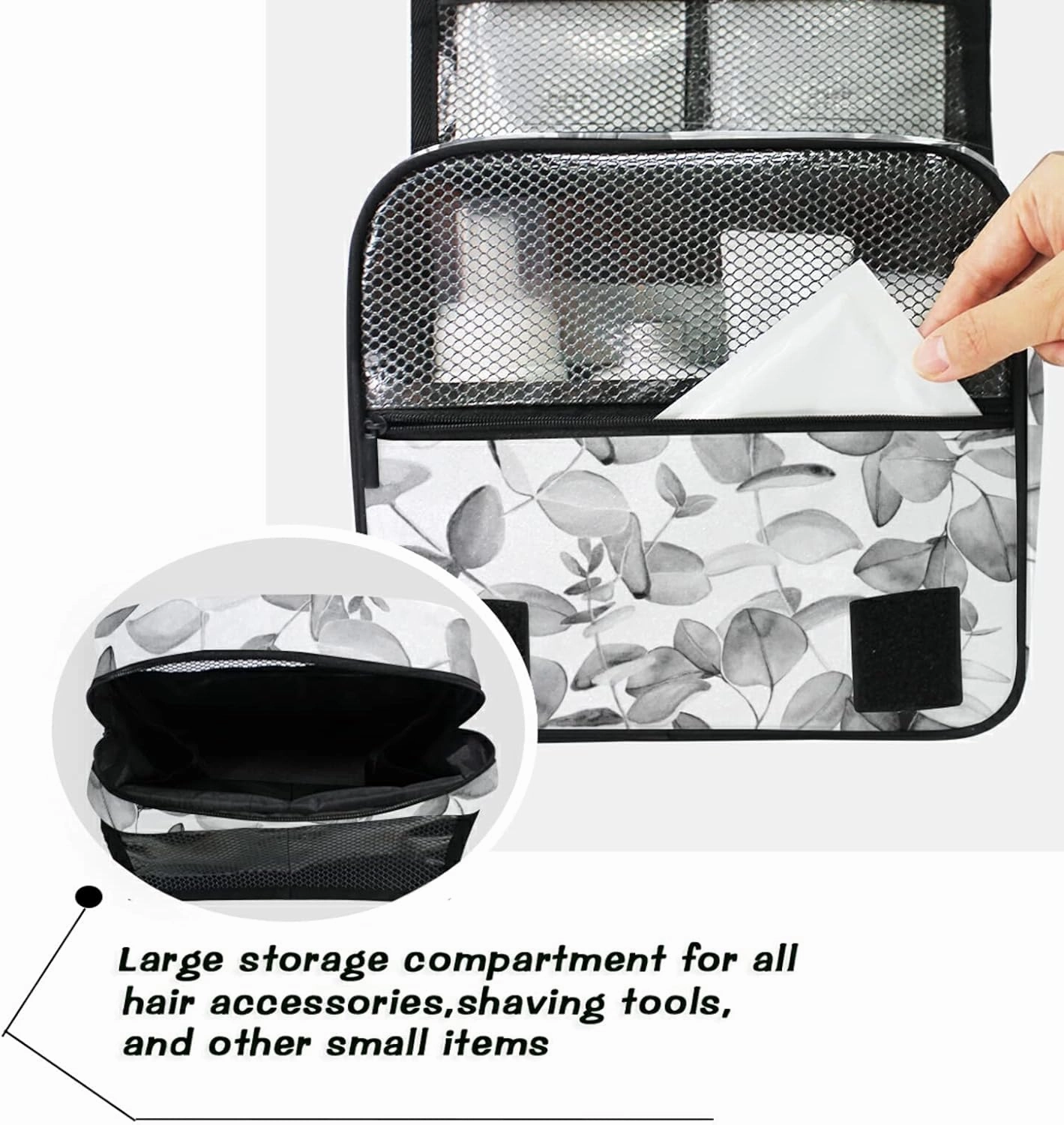 Seamless Branches with Grey Eucalyptus Leaves on White Hanging Wash Gargle Toiletry Bag Travel Cosmetic Makeup Case Organizer Storage Large Portable