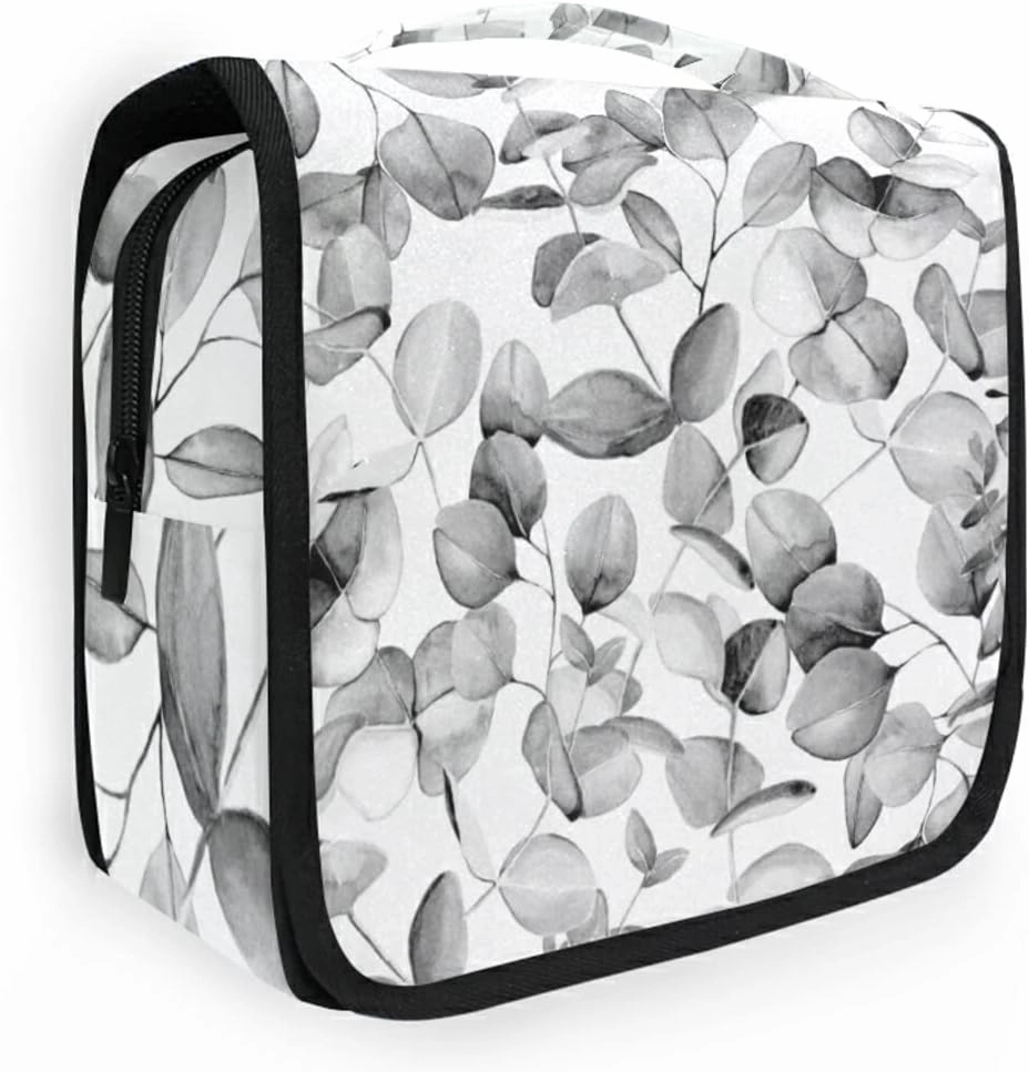Seamless Branches with Grey Eucalyptus Leaves on White Hanging Wash Gargle Toiletry Bag Travel Cosmetic Makeup Case Organizer Storage Large Portable