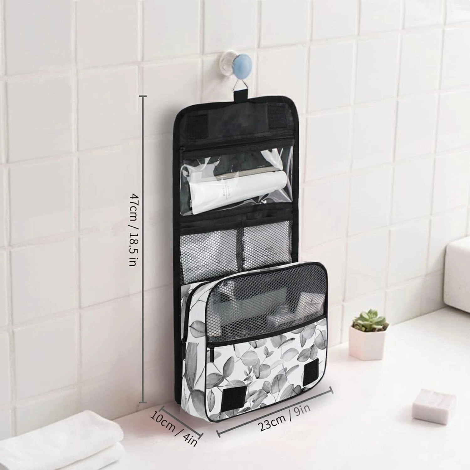 Seamless Branches with Grey Eucalyptus Leaves on White Hanging Wash Gargle Toiletry Bag Travel Cosmetic Makeup Case Organizer Storage Large Portable