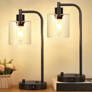 Set of 2 Industrial Table Lamps with 2 USB Port, Fully Stepless Dimmable Bedside Lamps for bedrooms, Nightstand Desk Lamp with Seeded Glass Shade for Reading Living Room Office 2 LED Bulb Included