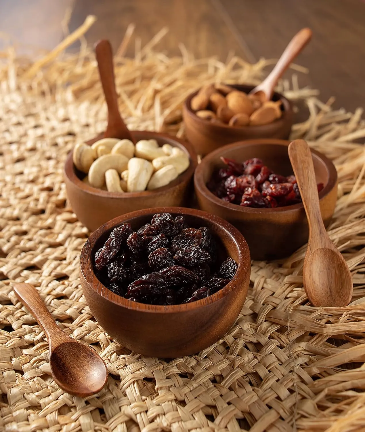 Set of 4 Small Round Acacia Wooden Bowls 2¾ Inch Diameter 1½" High With Spoons - Stackable Mixing Bowl Salad Soup Snack Dip Sauce Charcuterie Wood Tableware Sets for Decor and Serving