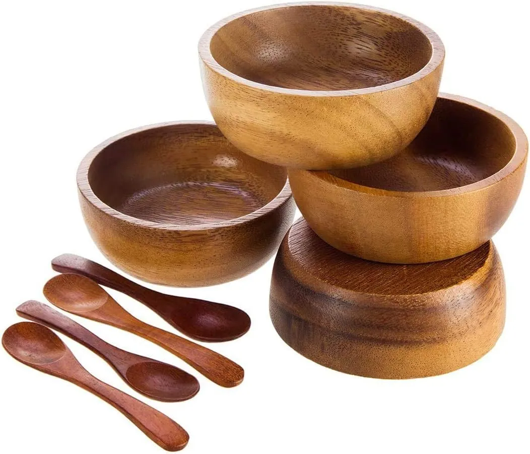 Set of 4 Small Round Acacia Wooden Bowls 2¾ Inch Diameter 1½" High With Spoons - Stackable Mixing Bowl Salad Soup Snack Dip Sauce Charcuterie Wood Tableware Sets for Decor and Serving
