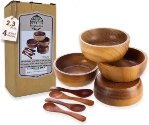 Set of 4 Small Round Acacia Wooden Bowls 2¾ Inch Diameter 1½" High With Spoons - Stackable Mixing Bowl Salad Soup Snack Dip Sauce Charcuterie Wood Tableware Sets for Decor and Serving