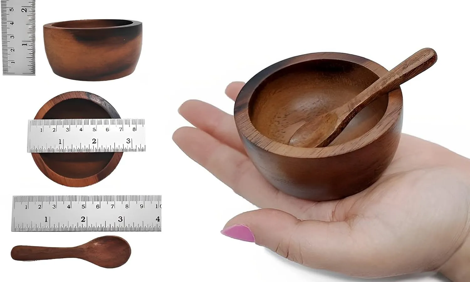 Set of 4 Small Round Acacia Wooden Bowls 2¾ Inch Diameter 1½" High With Spoons - Stackable Mixing Bowl Salad Soup Snack Dip Sauce Charcuterie Wood Tableware Sets for Decor and Serving