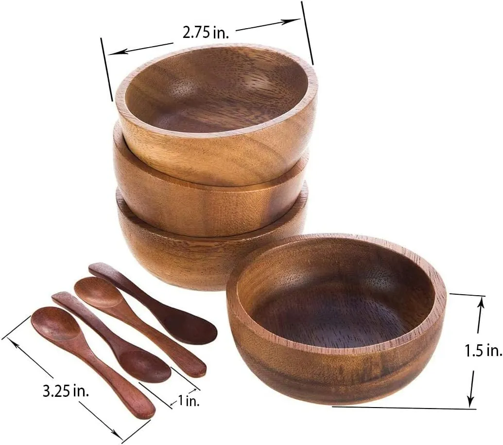 Set of 4 Small Round Acacia Wooden Bowls 2¾ Inch Diameter 1½" High With Spoons - Stackable Mixing Bowl Salad Soup Snack Dip Sauce Charcuterie Wood Tableware Sets for Decor and Serving