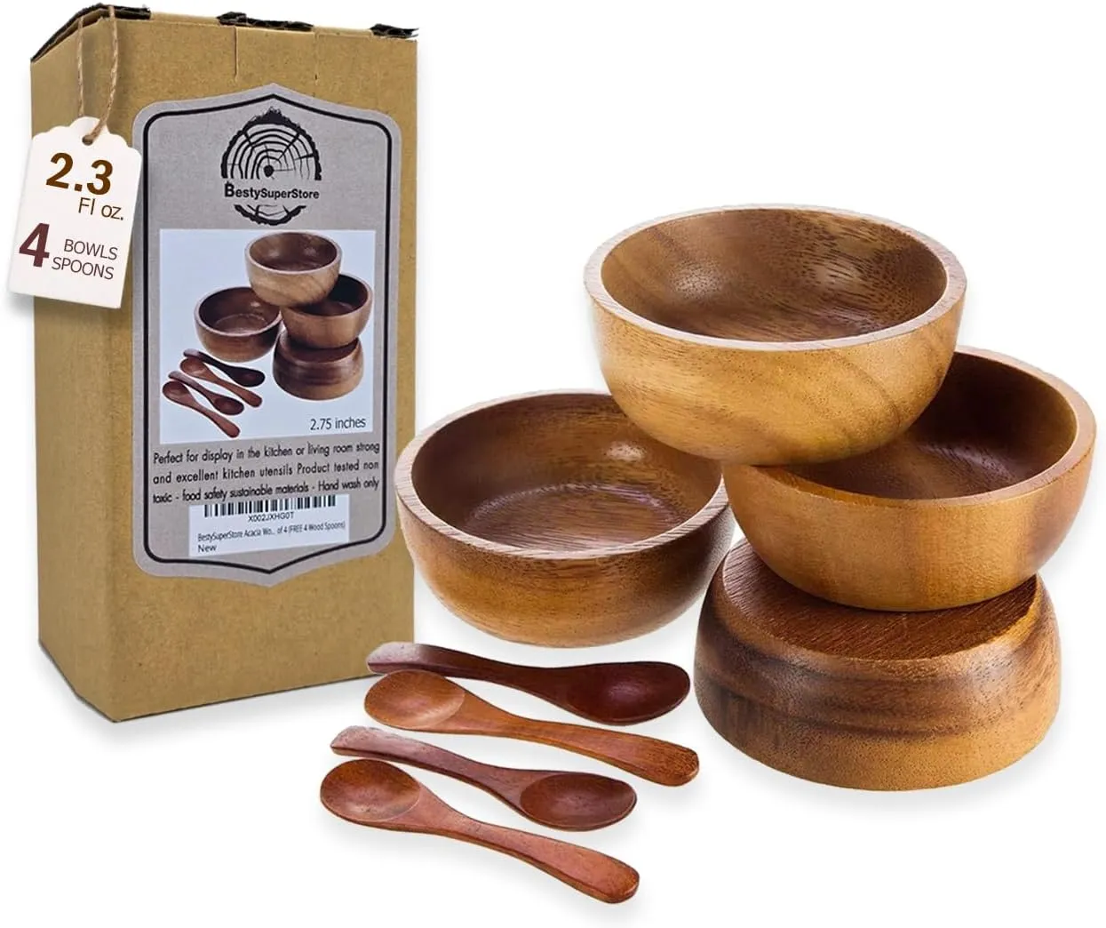 Set of 4 Small Round Acacia Wooden Bowls 2¾ Inch Diameter 1½" High With Spoons - Stackable Mixing Bowl Salad Soup Snack Dip Sauce Charcuterie Wood Tableware Sets for Decor and Serving