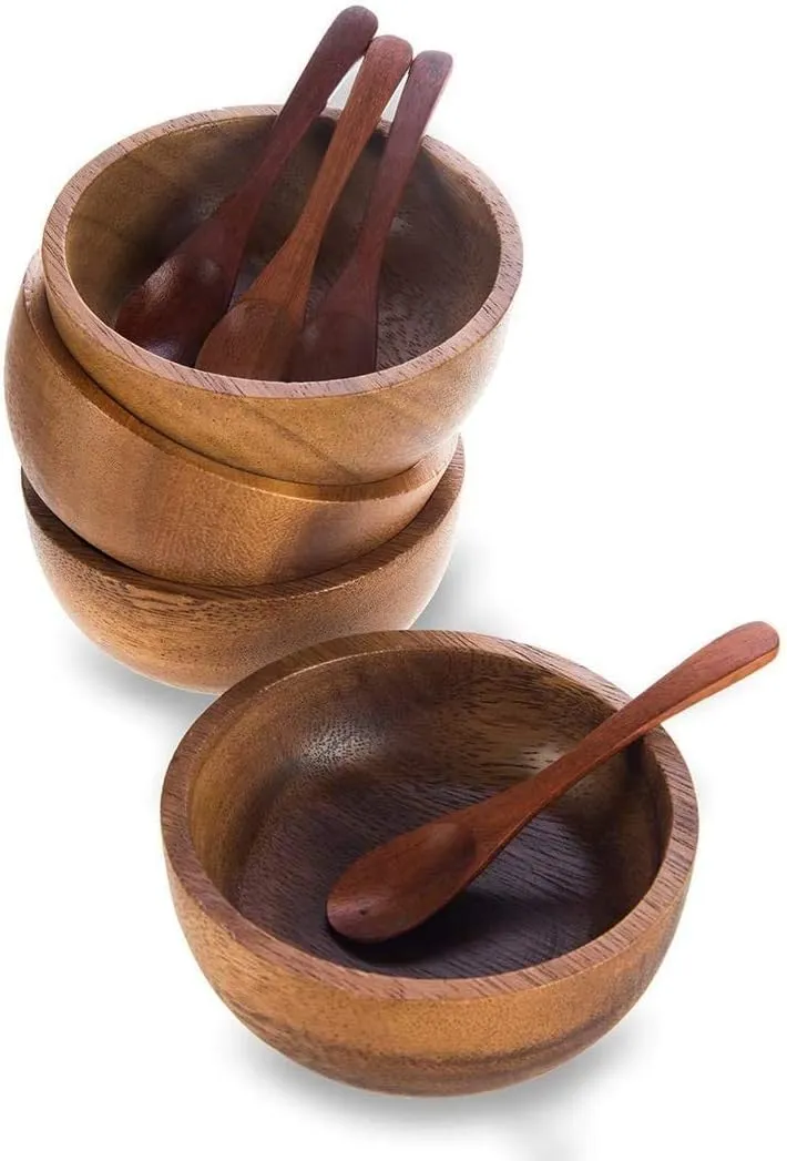 Set of 4 Small Round Acacia Wooden Bowls 2¾ Inch Diameter 1½" High With Spoons - Stackable Mixing Bowl Salad Soup Snack Dip Sauce Charcuterie Wood Tableware Sets for Decor and Serving