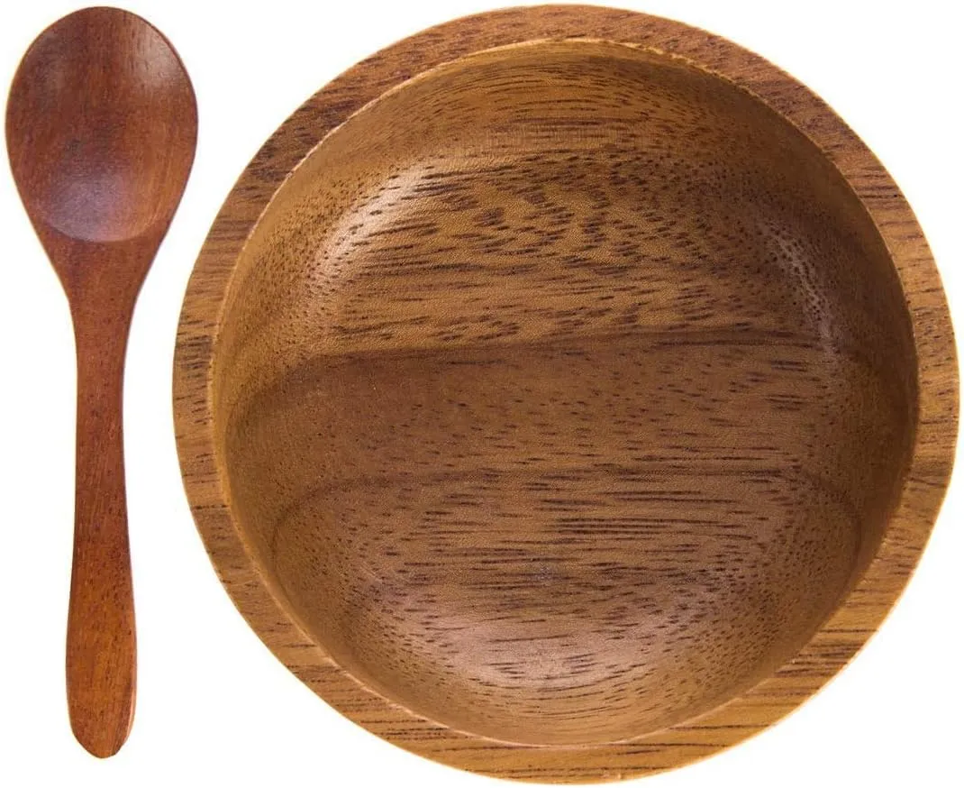Set of 4 Small Round Acacia Wooden Bowls 2¾ Inch Diameter 1½" High With Spoons - Stackable Mixing Bowl Salad Soup Snack Dip Sauce Charcuterie Wood Tableware Sets for Decor and Serving