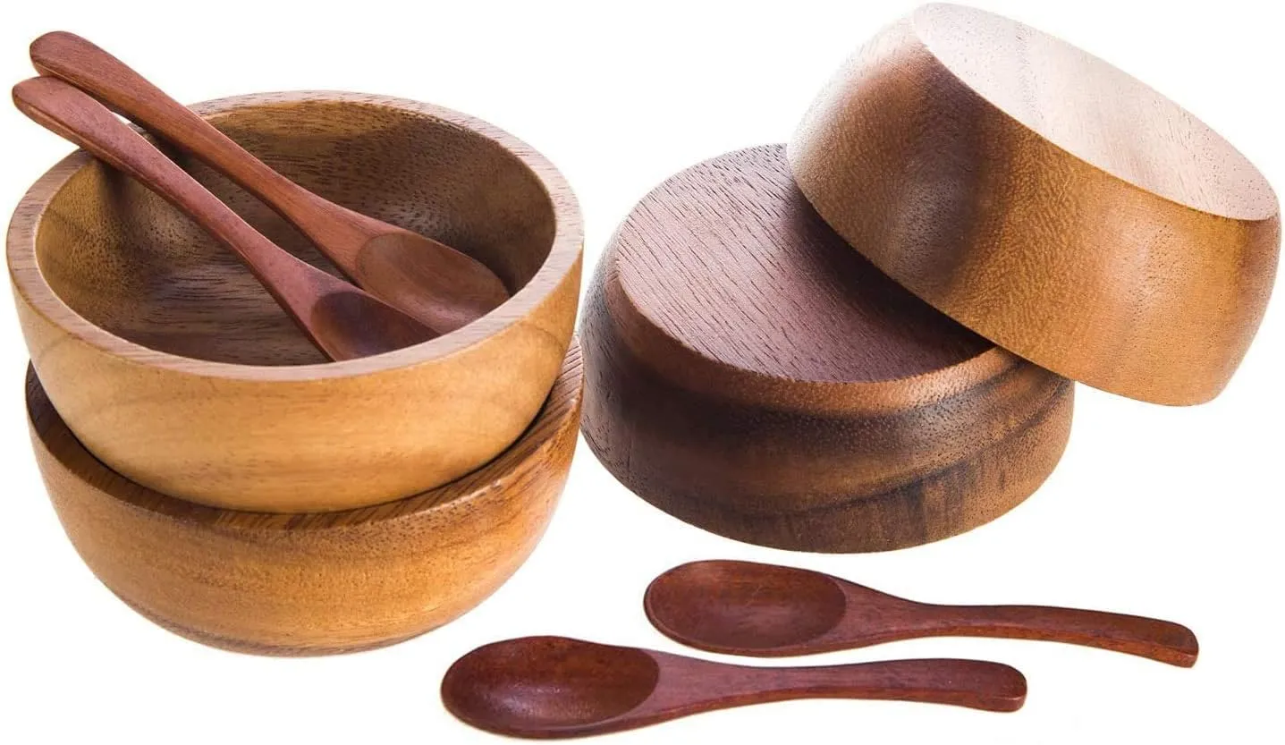 Set of 4 Small Round Acacia Wooden Bowls 2¾ Inch Diameter 1½" High With Spoons - Stackable Mixing Bowl Salad Soup Snack Dip Sauce Charcuterie Wood Tableware Sets for Decor and Serving