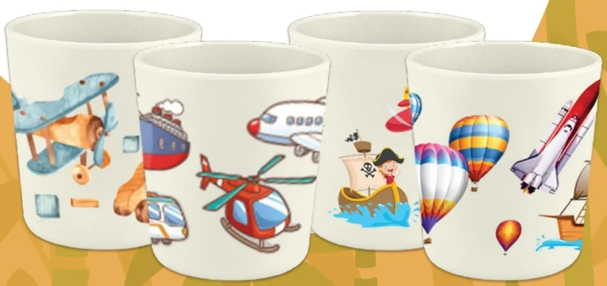 Set of 4 Transportation vehicles Theme Party Bamboo Cups for Kids | Shatter Resistant | BPA Free | Open Cups | 8 Oz