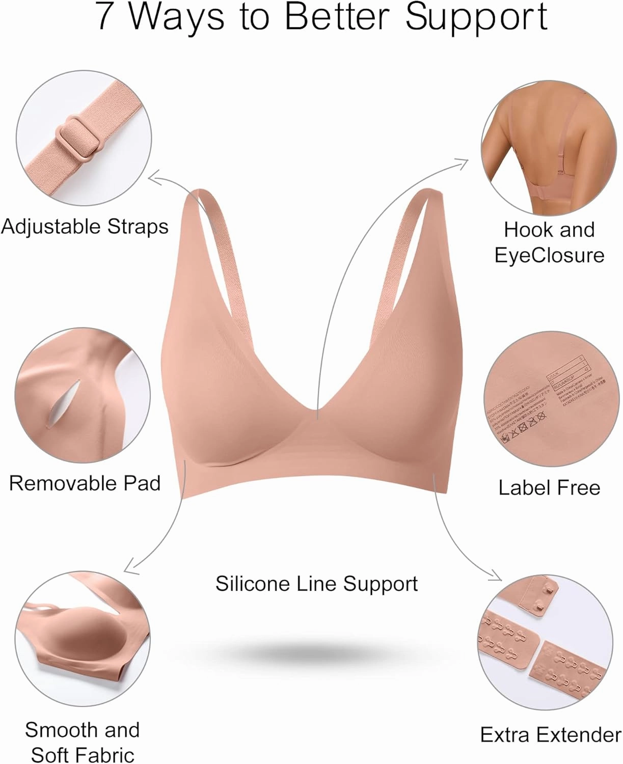 SHARICCA Pro Seamless Bra for Women Deep V Neck Wirefree Bra Adjustable Strap Comfort Sleep Bra Removable Padded Bralette