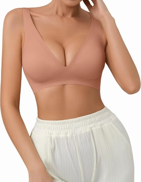 SHARICCA Pro Seamless Bra for Women Deep V Neck Wirefree Bra Adjustable Strap Comfort Sleep Bra Removable Padded Bralette