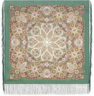 Shawl Russian Scarf Natural Pure Virgin 100% Wool 35x35 inches 89x89 cm Authentic Womens Kerchief Floral Square Wrap Silk Tassels Fringe Pavlovoposadskiy Platok 2077-9