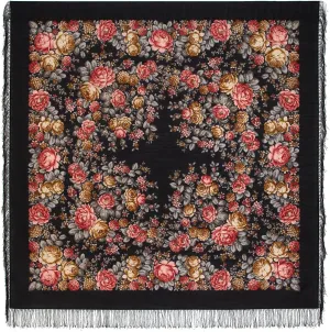 Shawl Russian Scarf Natural Pure Virgin 100% Wool 57x57 inches 146x146 cm Authentic Womens Huge Kerchief Floral Square Wrap Silk Tassels Fringe Pavlovoposadskiy Platok 1458-18