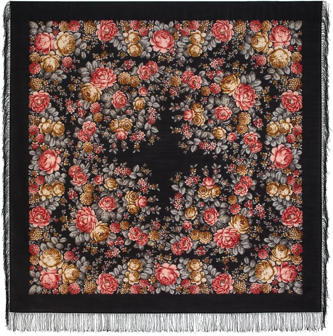 Shawl Russian Scarf Natural Pure Virgin 100% Wool 57x57 inches 146x146 cm Authentic Womens Huge Kerchief Floral Square Wrap Silk Tassels Fringe Pavlovoposadskiy Platok 1458-18