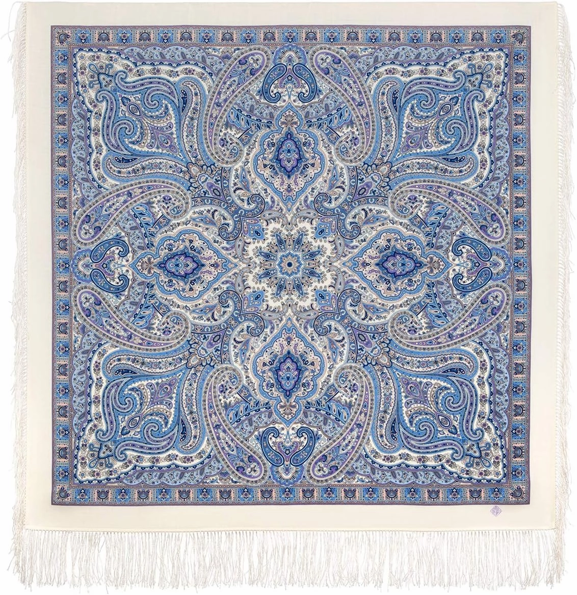 Shawl Russian Scarf Natural Pure Virgin 100% Wool 44x44 inches 110x110 cm Authentic Womens Kerchief Floral Square Wrap Silk Tassels Fringe Pavlovoposadskiy Platok 1894-4