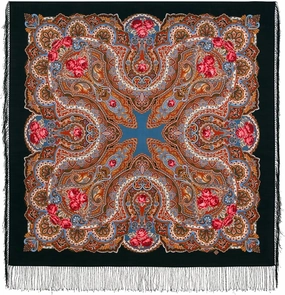 Shawl Russian Scarf Natural Pure Virgin 100% Wool 49x49 inches 125x125 cm Authentic Womens Kerchief Floral Square Wrap Fringe Pavlovoposadskiy Platok 1158-18 Belfry