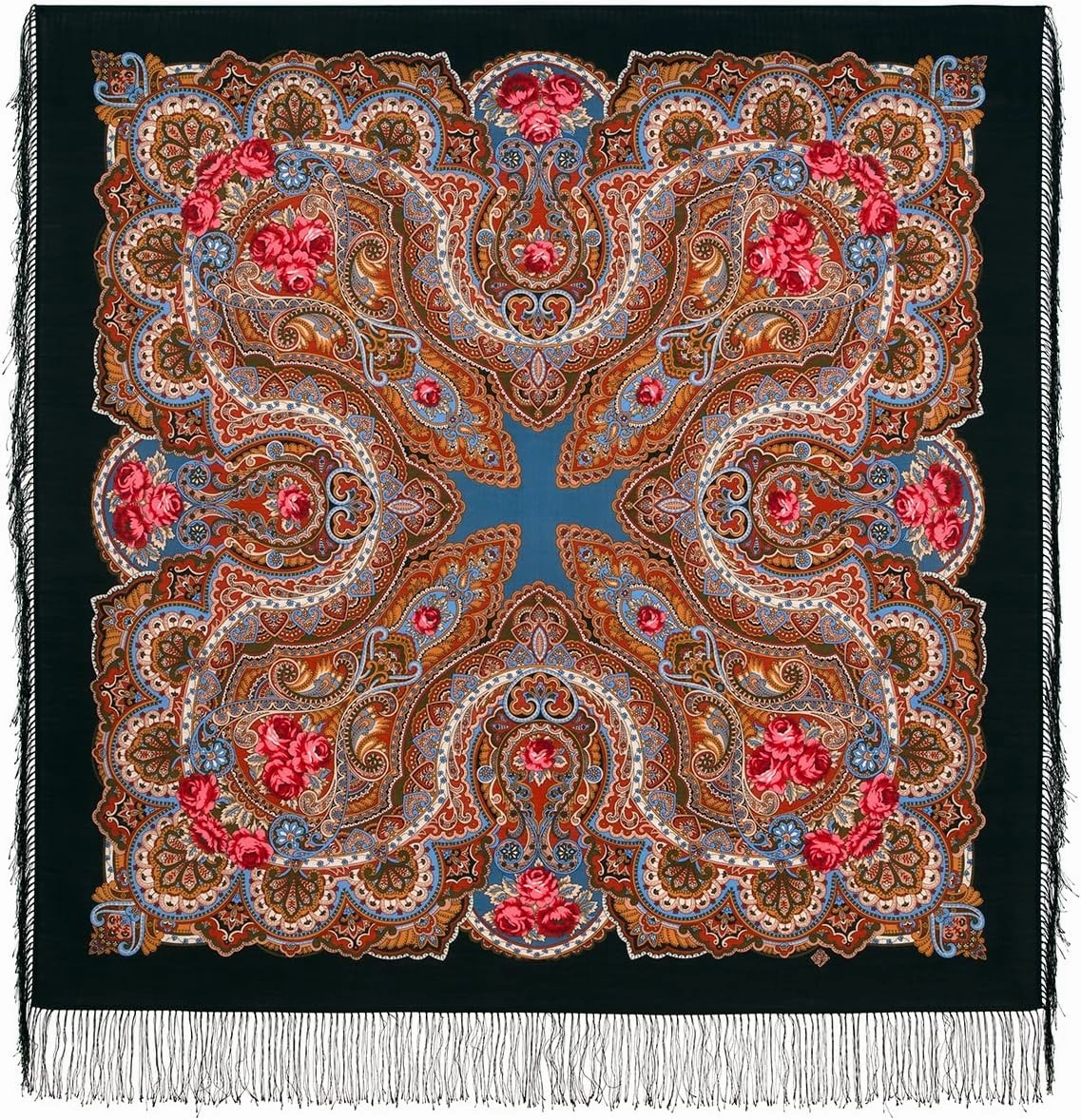 Shawl Russian Scarf Natural Pure Virgin 100% Wool 49x49 inches 125x125 cm Authentic Womens Kerchief Floral Square Wrap Fringe Pavlovoposadskiy Platok 1158-18 Belfry