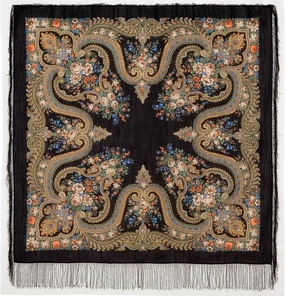 Shawl Russian Scarf Natural Pure Virgin 100% Wool 49x49 inches 125x125 cm Authentic Womens Kerchief Floral Square Wrap Silk Tassels Fringe Pavlovoposadskiy Platok 1154-19