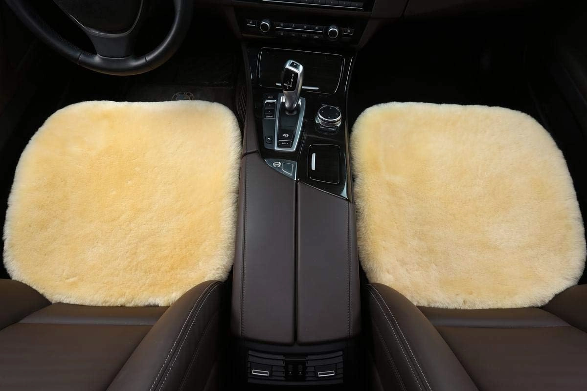 Sheepskin Seat Cushion Cover Wholehide Short Wool Seat Pad Natural Fur Car Seat Covers Universal Fit for Most Car, Truck, SUV, or Van Front Beige Yellow
