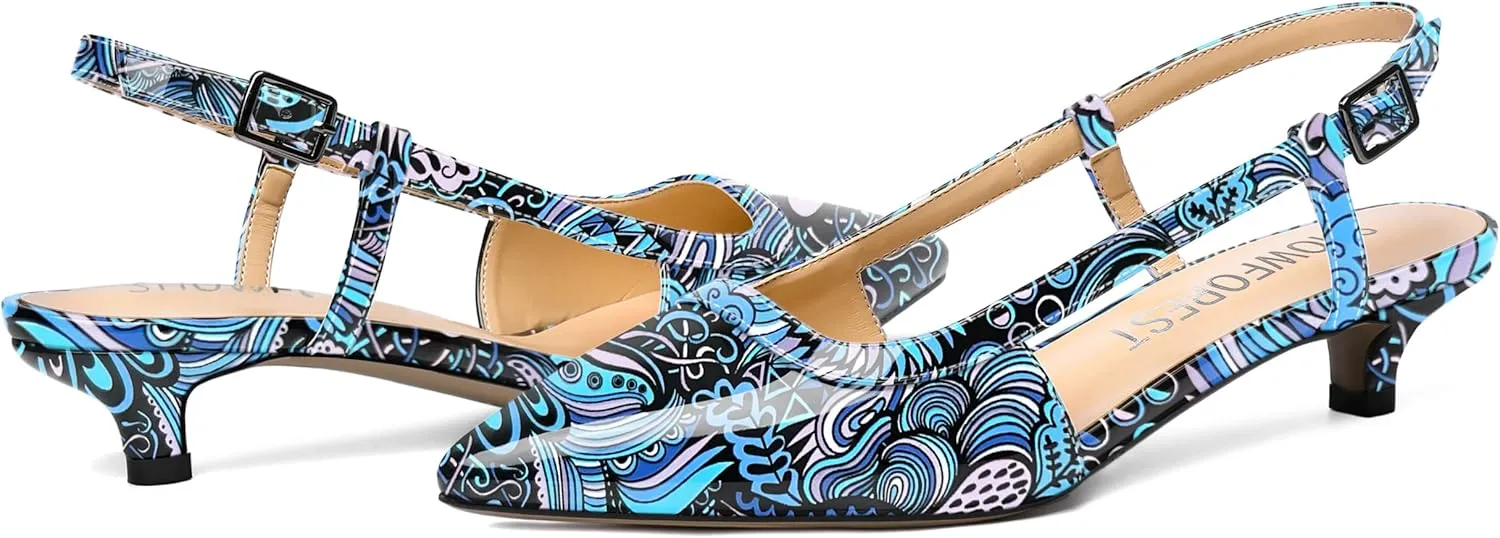 SHOWFOREST Women's Adjustable Strap Dating Dress Solid Patent Buckle Pointed Toe Kitten Low Heel Pumps Shoes 1.5 Inch