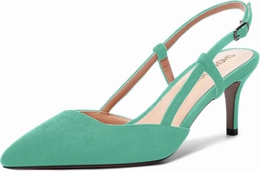SHOWFOREST Womens Dress Solid Buckle Dating Pointed Toe Slim Suede Adjustable Strap Stiletto Mid Heel Pumps Shoes 2.5 Inch
