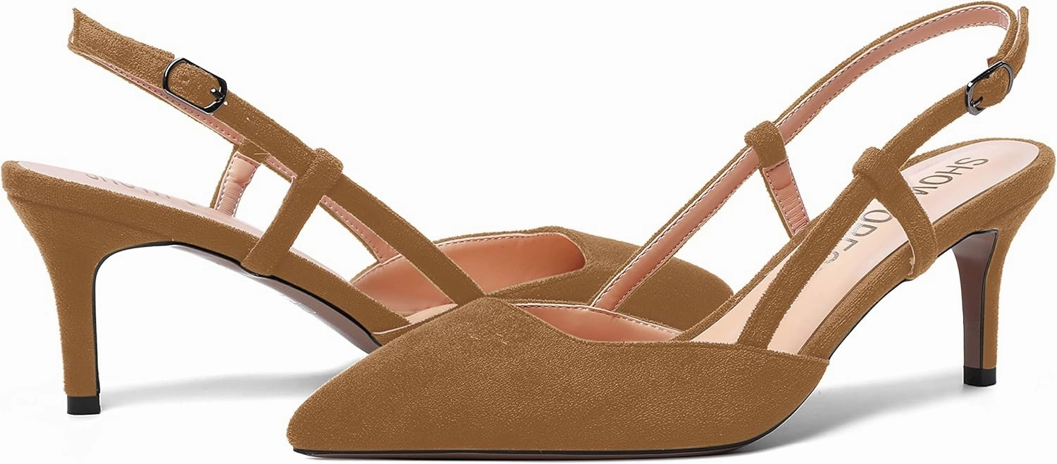SHOWFOREST Womens Dress Solid Buckle Dating Pointed Toe Slim Suede Adjustable Strap Stiletto Mid Heel Pumps Shoes 2.5 Inch