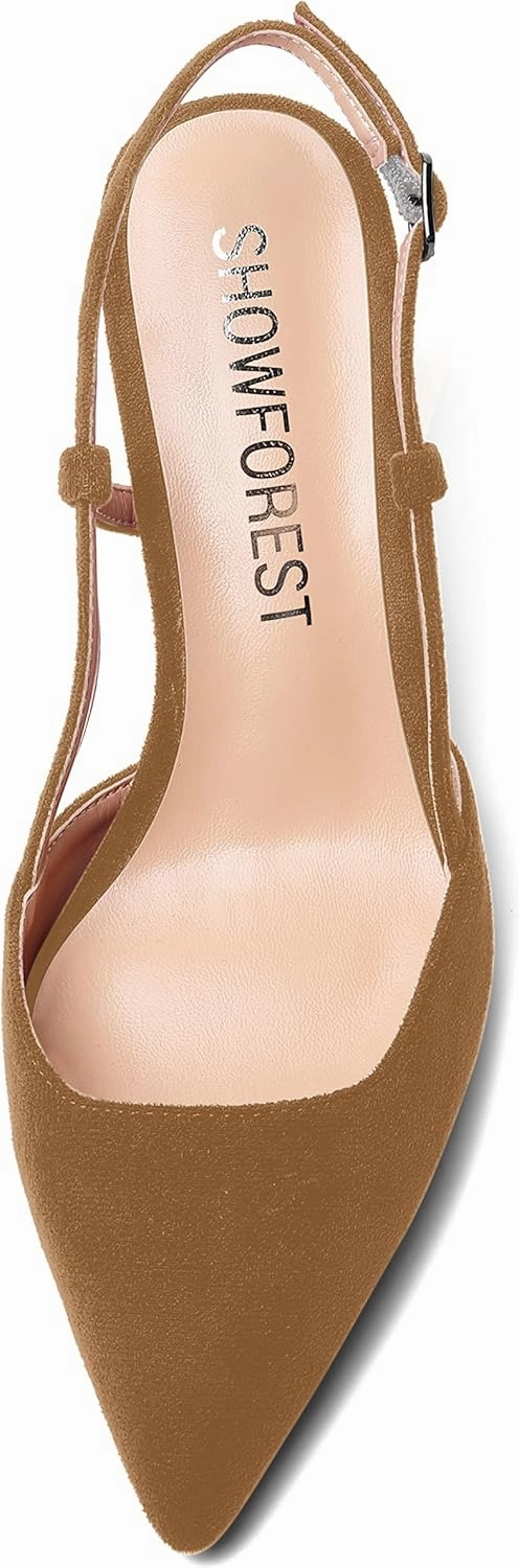 SHOWFOREST Womens Dress Solid Buckle Dating Pointed Toe Slim Suede Adjustable Strap Stiletto Mid Heel Pumps Shoes 2.5 Inch