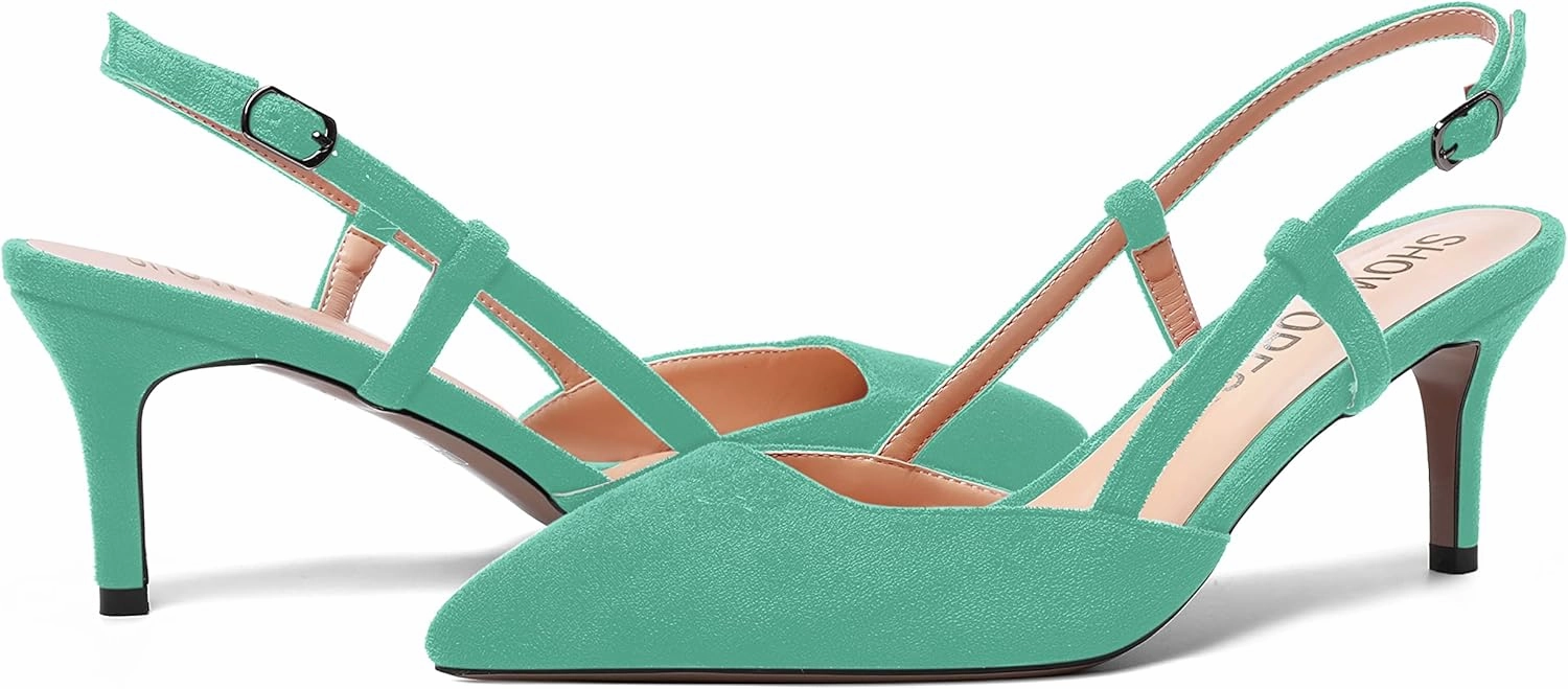 SHOWFOREST Womens Dress Solid Buckle Dating Pointed Toe Slim Suede Adjustable Strap Stiletto Mid Heel Pumps Shoes 2.5 Inch