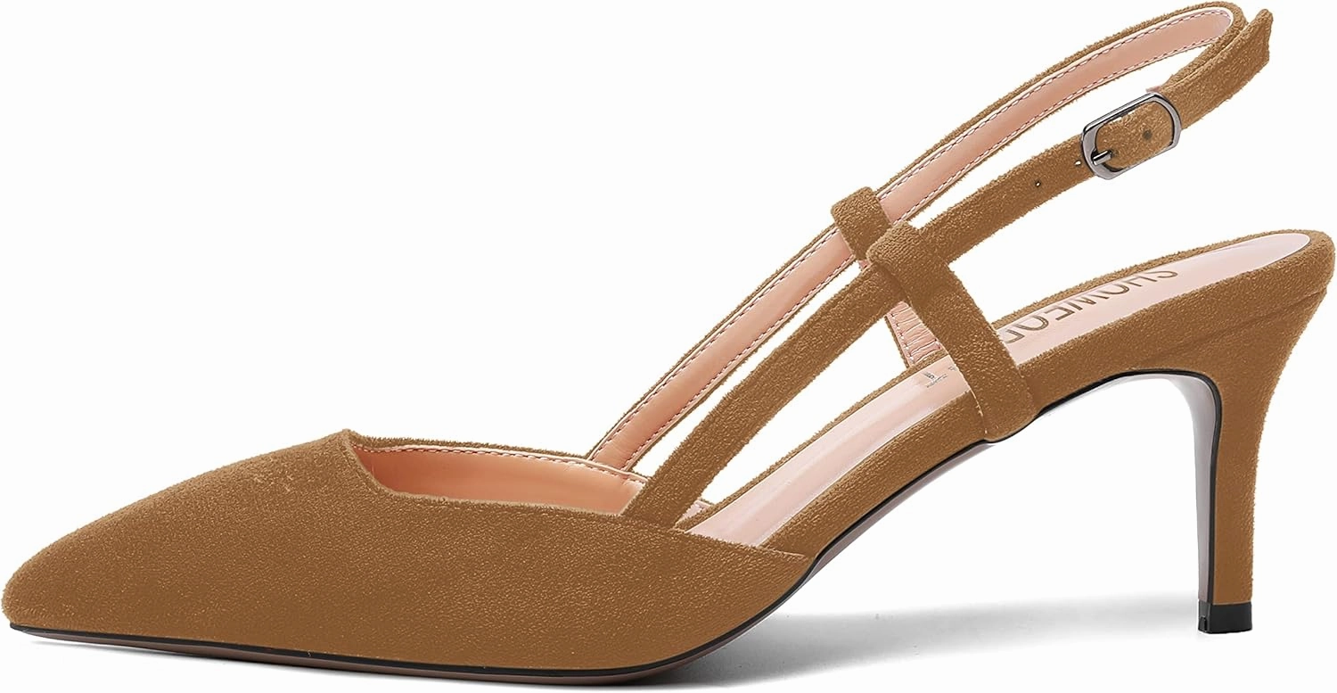 SHOWFOREST Womens Dress Solid Buckle Dating Pointed Toe Slim Suede Adjustable Strap Stiletto Mid Heel Pumps Shoes 2.5 Inch
