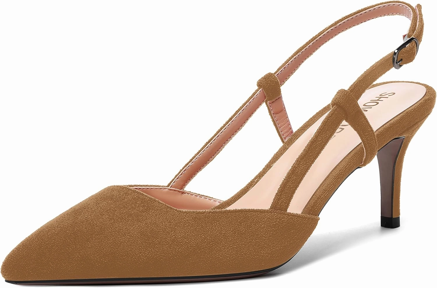 SHOWFOREST Womens Dress Solid Buckle Dating Pointed Toe Slim Suede Adjustable Strap Stiletto Mid Heel Pumps Shoes 2.5 Inch