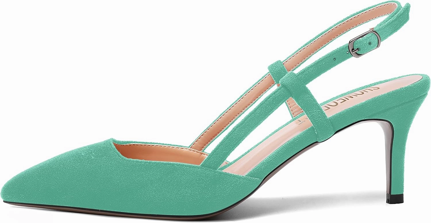 SHOWFOREST Womens Dress Solid Buckle Dating Pointed Toe Slim Suede Adjustable Strap Stiletto Mid Heel Pumps Shoes 2.5 Inch