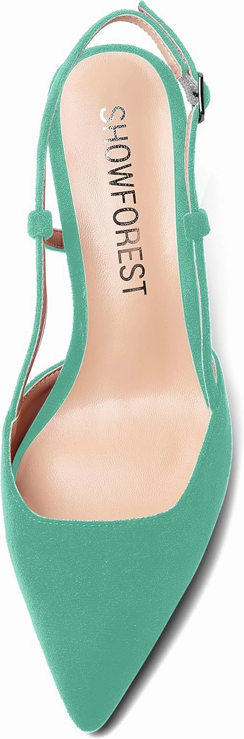 SHOWFOREST Womens Dress Solid Buckle Dating Pointed Toe Slim Suede Adjustable Strap Stiletto Mid Heel Pumps Shoes 2.5 Inch