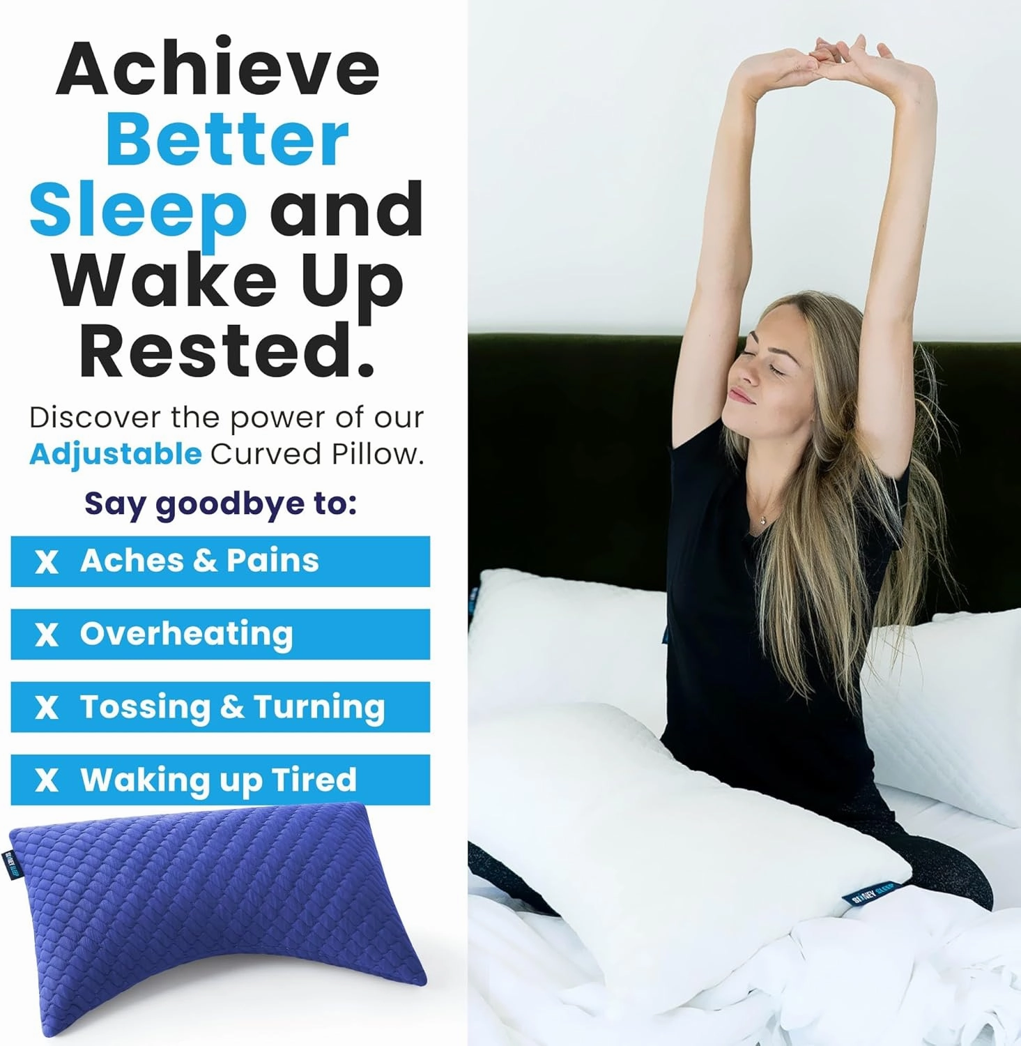 Sidney Sleep Pillow for Side and Back Sleepers - Comfort for Neck and Shoulder Pain - Adjustable and Customizable Shredded Memory Foam Filling - Queen Size - Additional Foam Fill Included (Blue)