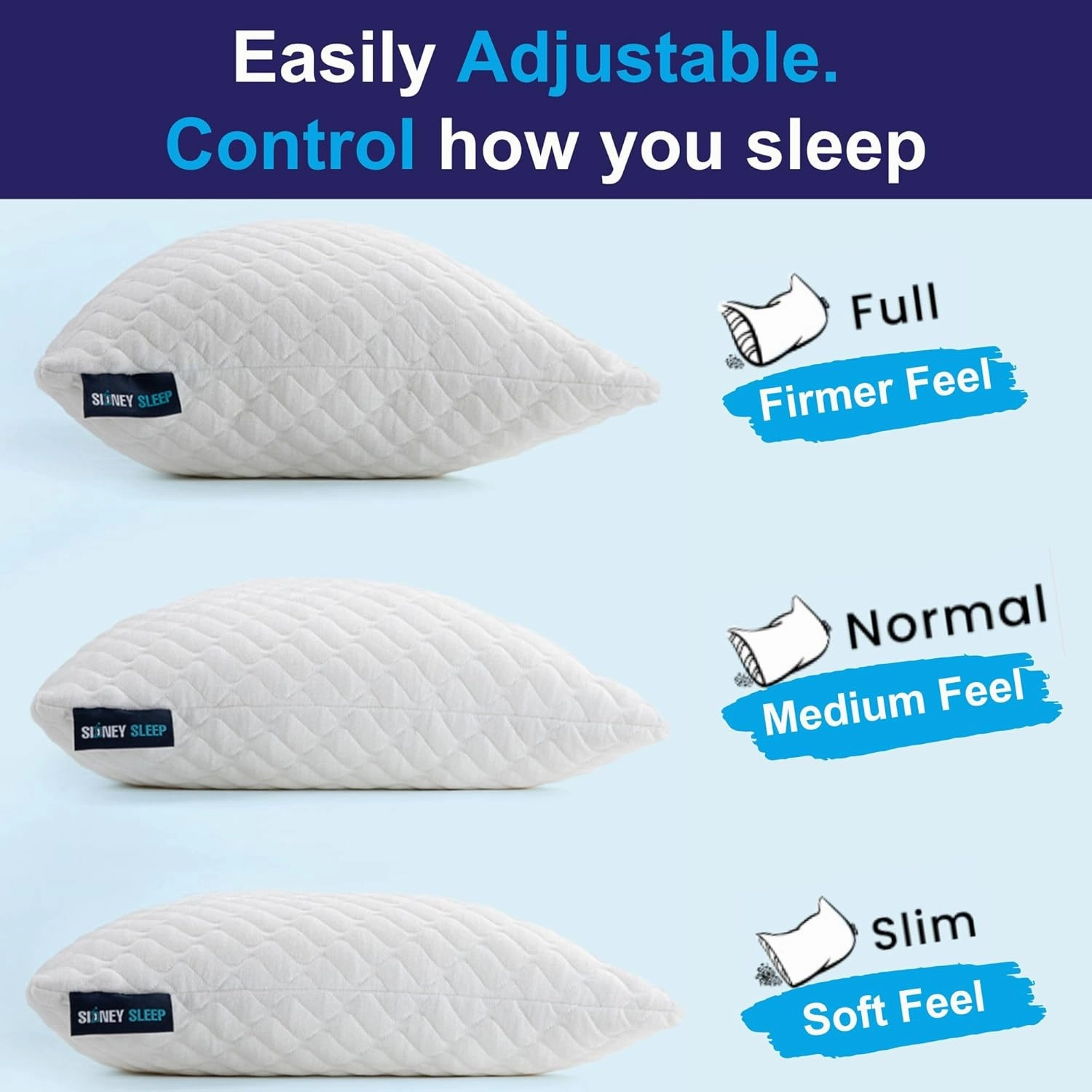 Sidney Sleep Pillow for Side and Back Sleepers - Comfort for Neck and Shoulder Pain - Adjustable and Customizable Shredded Memory Foam Filling - Queen Size - Additional Foam Fill Included (Blue)
