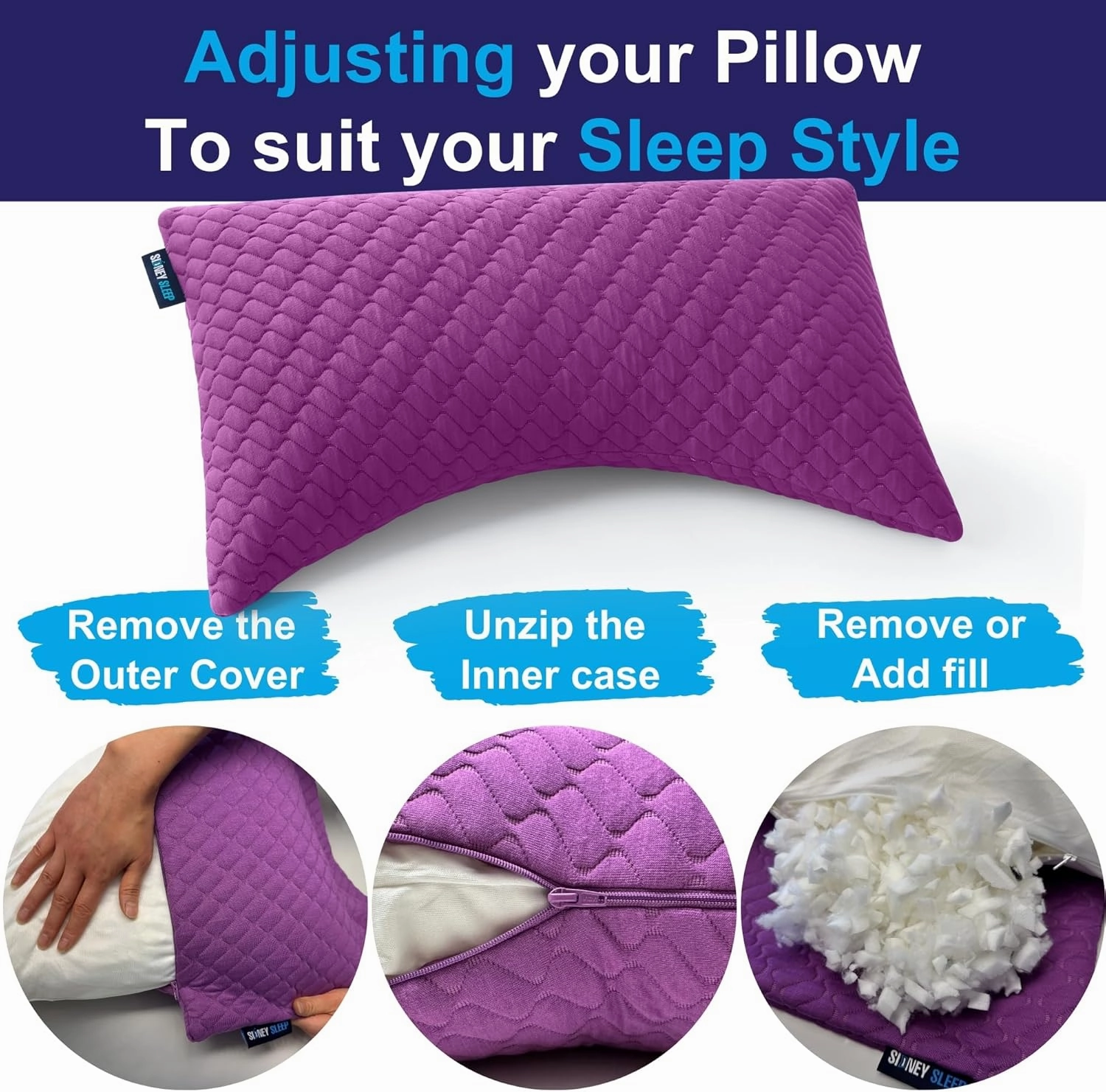Sidney Sleep Pillow for Side and Back Sleepers - Comfort for Neck and Shoulder Pain - Adjustable and Customizable Shredded Memory Foam Filling - Queen Size - Additional Foam Fill Included (Magenta)