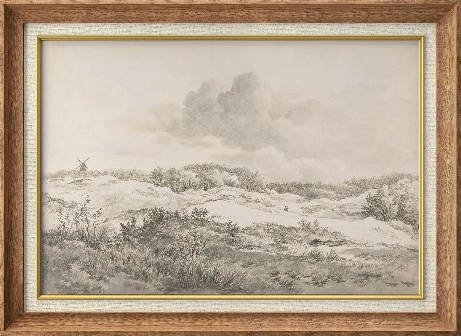 SIGNWIN Premium Frame Art Serene Landscape with Windmill Vintage Pencil Drawing Illustrations Fine Art Traditional Iconic for Living Room, Bedroom, Office - 26"x36" Natural