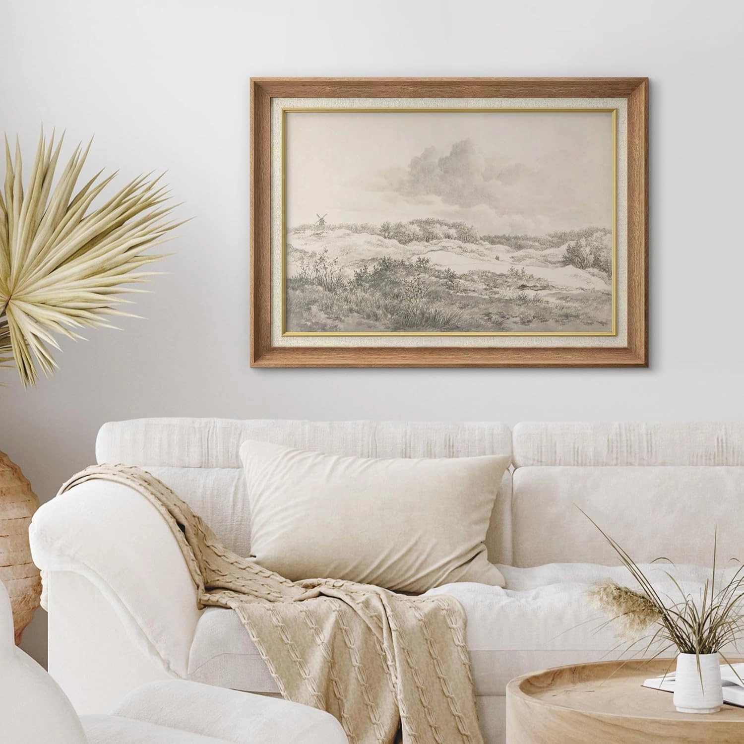 SIGNWIN Premium Frame Art Serene Landscape with Windmill Vintage Pencil Drawing Illustrations Fine Art Traditional Iconic for Living Room, Bedroom, Office - 26"x36" Natural
