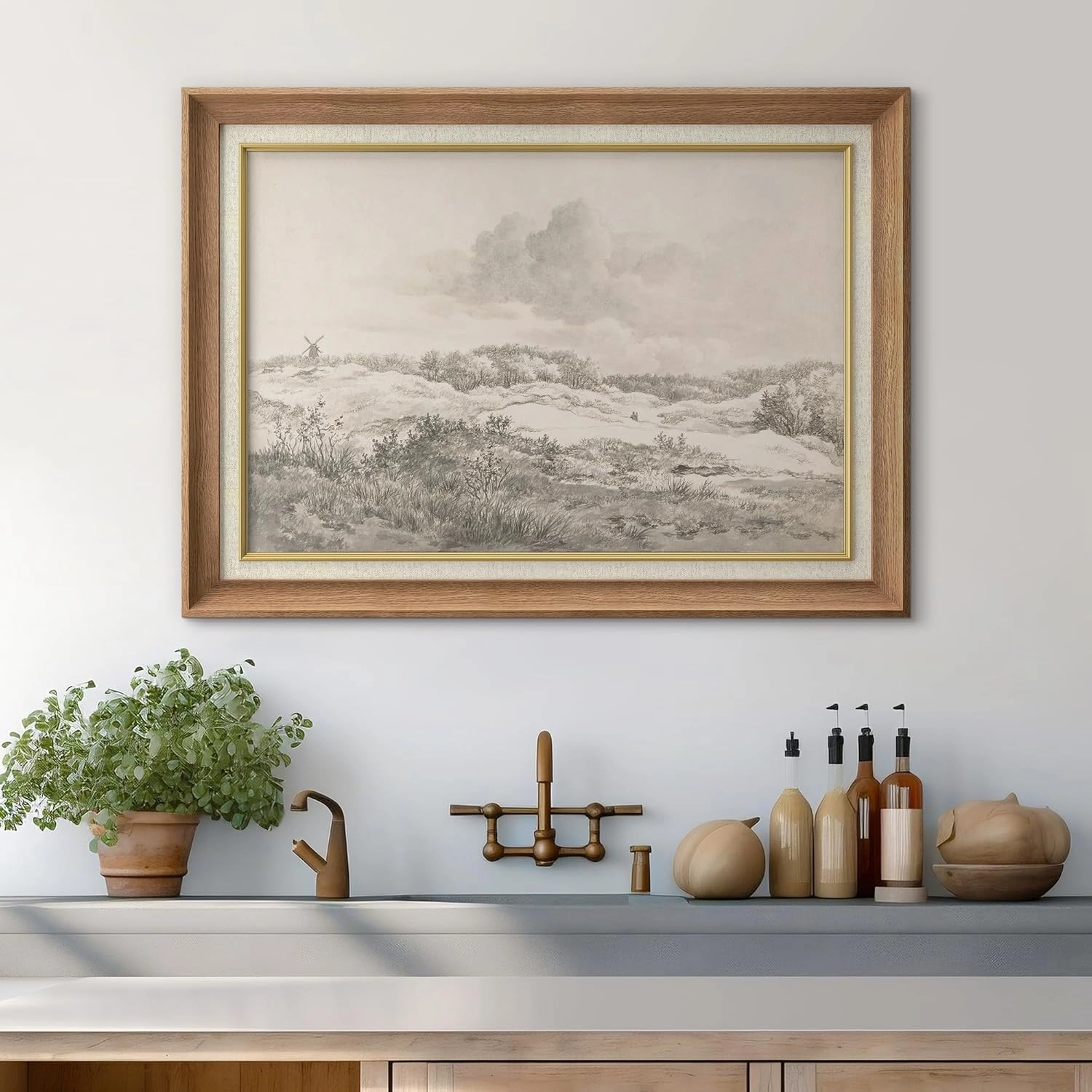 SIGNWIN Premium Frame Art Serene Landscape with Windmill Vintage Pencil Drawing Illustrations Fine Art Traditional Iconic for Living Room, Bedroom, Office - 26"x36" Natural