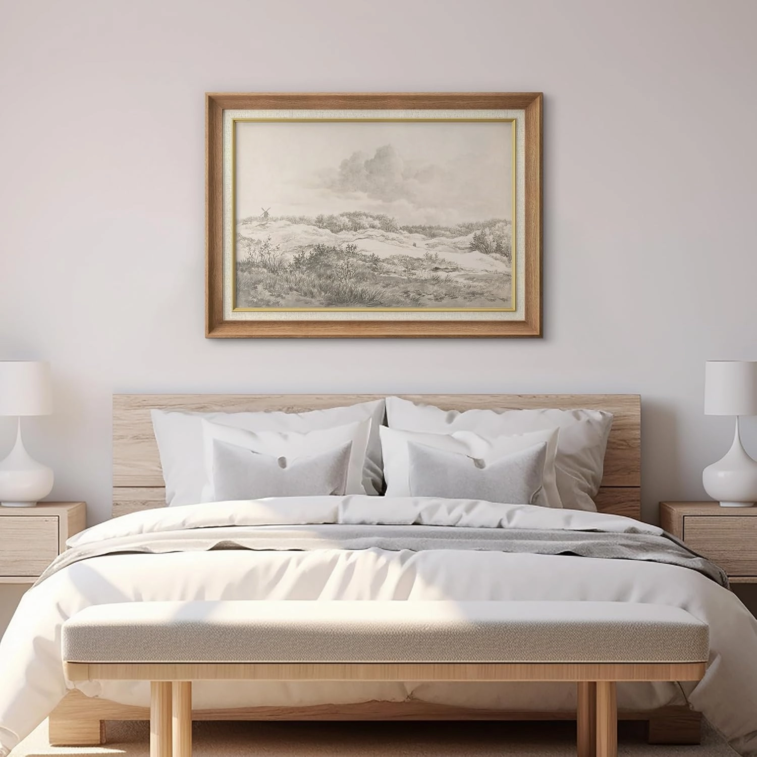 SIGNWIN Premium Frame Art Serene Landscape with Windmill Vintage Pencil Drawing Illustrations Fine Art Traditional Iconic for Living Room, Bedroom, Office - 26"x36" Natural