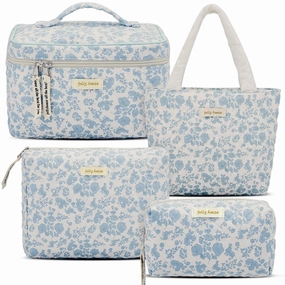 Silkfly 4 Pcs Cosmetic Bags Set Cotton Quilted Makeup Bag Portable Cute Floral Cosmetic Pouch Vintage Travel Coquette Aesthetic Small Tote for Women Suitcase Accessories(Blue Flower)