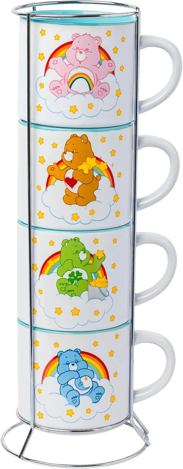 Silver Buffalo Care Bears Rainbow Heart Logo 4pc Ceramic Mug Stack, 10 Ounces