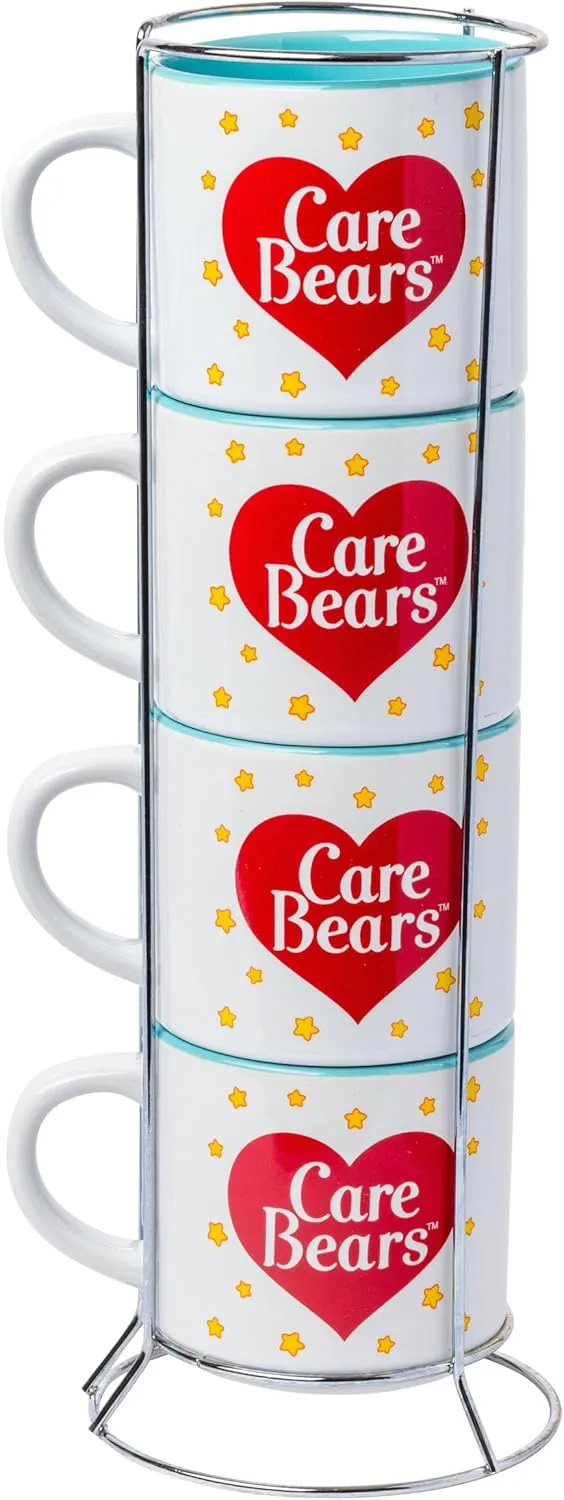 Silver Buffalo Care Bears Rainbow Heart Logo 4pc Ceramic Mug Stack, 10 Ounces