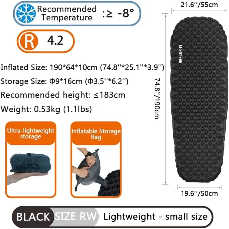 Single Inflatable Sleeping Mat, 20D Nylon Lightweight Air Bed for Adults, Air Mattress with Storage Bag for Camping Ultralight Backpacking, Hiking, Traveling & Outdoor Activities(Black, L)